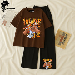 Women Summer Casual Two Piece Sets Printed T-Shirt And Straight Pants Outfits