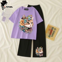 (Copy) Women Summer Casual Two Piece Sets Printed T-Shirt And Straight Pants Outfits