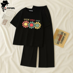 Women Summer Casual Two Piece Sets Printed T-Shirt And Straight Pants Outfits