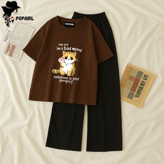 Women Summer Casual Two Piece Sets Printed T-Shirt And Straight Pants Outfits