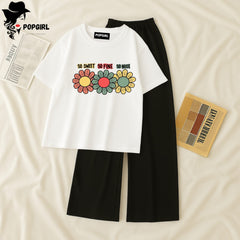 Women Summer Casual Two Piece Sets Printed T-Shirt And Straight Pants Outfits