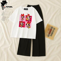 Women Summer Casual Two Piece Sets Printed T-Shirt And Straight Pants Outfits