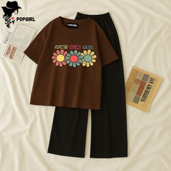 Women Summer Casual Two Piece Sets Printed T-Shirt And Straight Pants Outfits