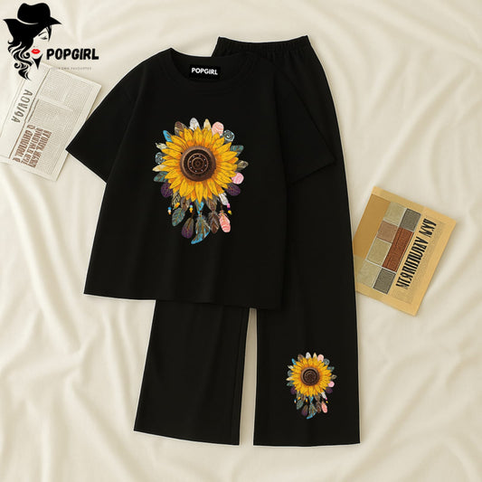 Women Summer Casual Two Piece Sets Printed T-Shirt And Straight Pants Outfits