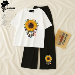 Women Summer Casual Two Piece Sets Printed T-Shirt And Straight Pants Outfits
