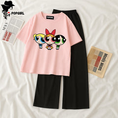 Women Summer Casual Two Piece Sets Printed T-Shirt And Straight Pants Outfits