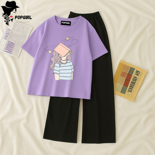 Women Summer Casual Two Piece Sets Printed T-Shirt And Straight Pants Outfits