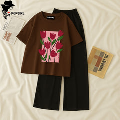 Women Summer Casual Two Piece Sets Printed T-Shirt And Straight Pants Outfits