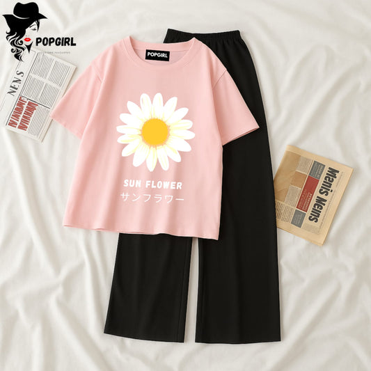 Women Summer Casual Two Piece Sets Printed T-Shirt And Straight Pants Outfits