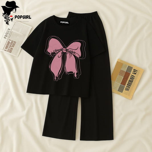 Women Summer Casual Two Piece Sets Printed T-Shirt And Straight Pants Outfits