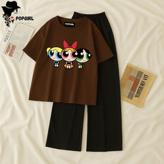 Women Summer Casual Two Piece Sets Printed T-Shirt And Straight Pants Outfits