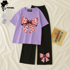 Women Summer Casual Two Piece Sets Printed T-Shirt And Straight Pants Outfits