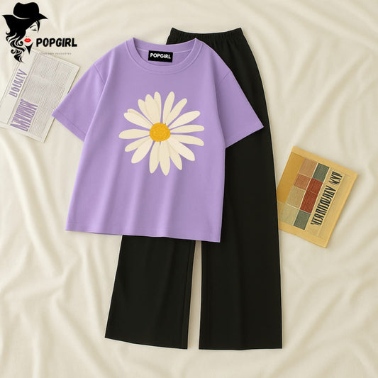 Women Summer Casual Two Piece Sets Printed T-Shirt And Straight Pants Outfits