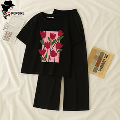 Women Summer Casual Two Piece Sets Printed T-Shirt And Straight Pants Outfits