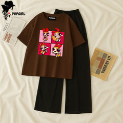 Women Summer Casual Two Piece Sets Printed T-Shirt And Straight Pants Outfits