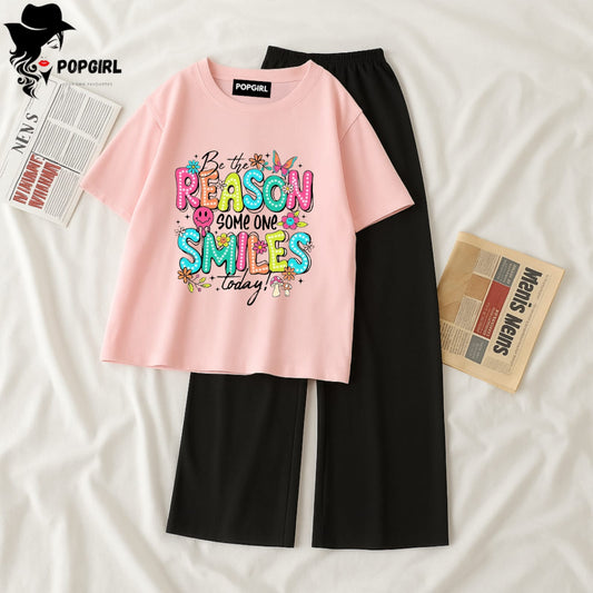Women Summer Casual Two Piece Sets Printed T-Shirt And Straight Pants Outfits