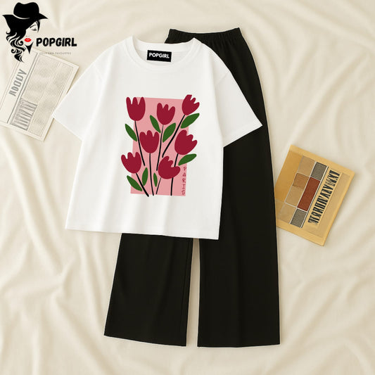 Women Summer Casual Two Piece Sets Printed T-Shirt And Straight Pants Outfits