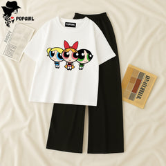 Women Summer Casual Two Piece Sets Printed T-Shirt And Straight Pants Outfits