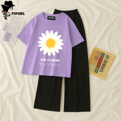 Women Summer Casual Two Piece Sets Printed T-Shirt And Straight Pants Outfits