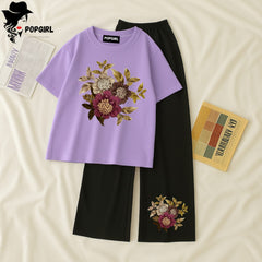 Women Summer Casual Two Piece Sets Printed T-Shirt And Straight Pants Outfits
