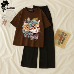 Women Summer Casual Two Piece Sets Printed T-Shirt And Straight Pants Outfits