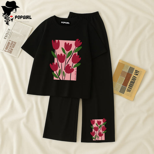 Women Summer Casual Two Piece Sets Printed T-Shirt And Straight Pants Outfits