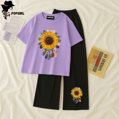 Women Summer Casual Two Piece Sets Printed T-Shirt And Straight Pants Outfits