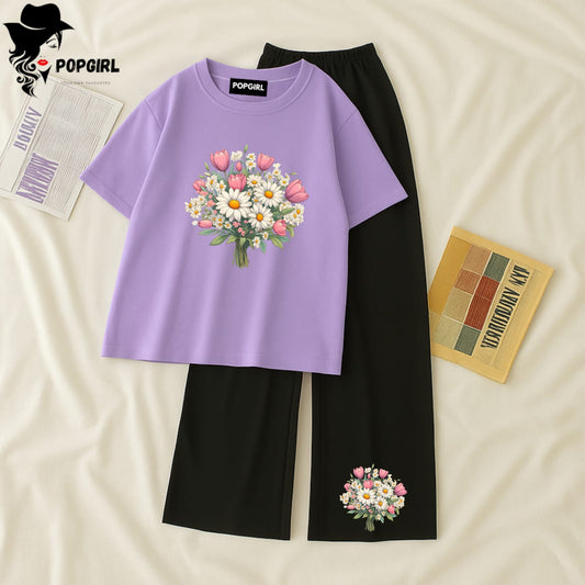 Women Summer Casual Two Piece Sets Printed T-Shirt And Straight Pants Outfits
