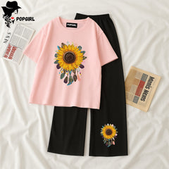 Women Summer Casual Two Piece Sets Printed T-Shirt And Straight Pants Outfits