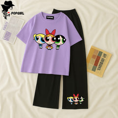 Women Summer Casual Two Piece Sets Printed T-Shirt And Straight Pants Outfits