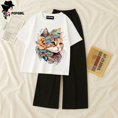Women Summer Casual Two Piece Sets Printed T-Shirt And Straight Pants Outfits