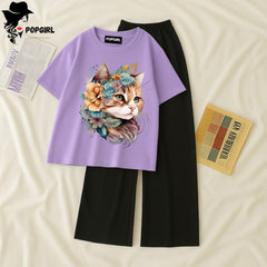Women Summer Casual Two Piece Sets Printed T-Shirt And Straight Pants Outfits