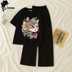 Women Summer Casual Two Piece Sets Printed T-Shirt And Straight Pants Outfits