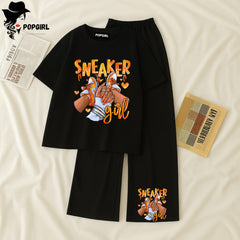 Women Summer Casual Two Piece Sets Printed T-Shirt And Straight Pants Outfits