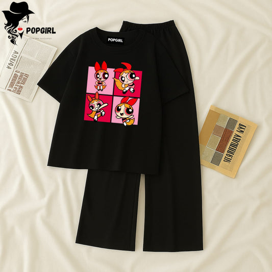 Women Summer Casual Two Piece Sets Printed T-Shirt And Straight Pants Outfits