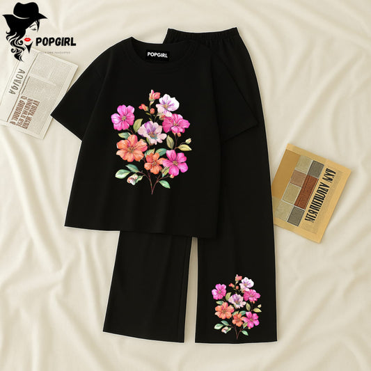 Women Summer Casual Two Piece Sets Printed T-Shirt And Straight Pants Outfits
