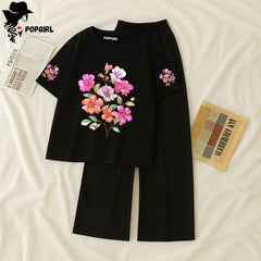 Women Summer Casual Two Piece Sets Printed T-Shirt And Straight Pants Outfits