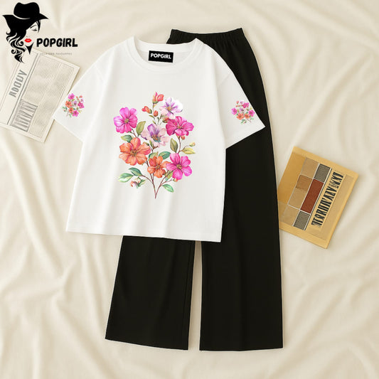 Women Summer Casual Two Piece Sets Printed T-Shirt And Straight Pants Outfits