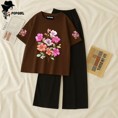 Women Summer Casual Two Piece Sets Printed T-Shirt And Straight Pants Outfits