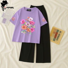Women Summer Casual Two Piece Sets Printed T-Shirt And Straight Pants Outfits