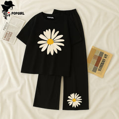 Women Summer Casual Two Piece Sets Printed T-Shirt And Straight Pants Outfits