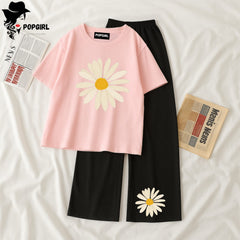 Women Summer Casual Two Piece Sets Printed T-Shirt And Straight Pants Outfits
