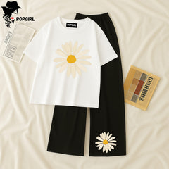 Women Summer Casual Two Piece Sets Printed T-Shirt And Straight Pants Outfits