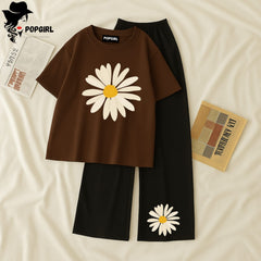 Women Summer Casual Two Piece Sets Printed T-Shirt And Straight Pants Outfits