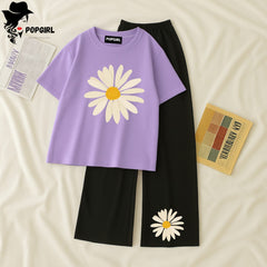 Women Summer Casual Two Piece Sets Printed T-Shirt And Straight Pants Outfits