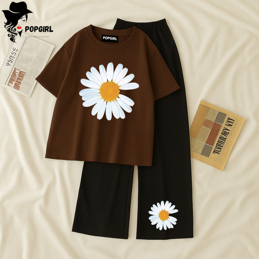 Women Summer Casual Two Piece Sets Printed T-Shirt And Straight Pants Outfits