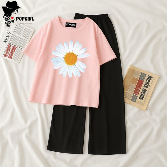 Women Summer Casual Two Piece Sets Printed T-Shirt And Straight Pants Outfits