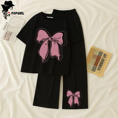 Women Summer Casual Two Piece Sets Printed T-Shirt And Straight Pants Outfits