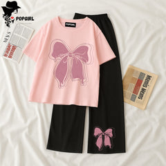 Women Summer Casual Two Piece Sets Printed T-Shirt And Straight Pants Outfits