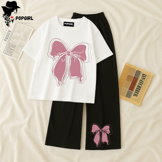 Women Summer Casual Two Piece Sets Printed T-Shirt And Straight Pants Outfits